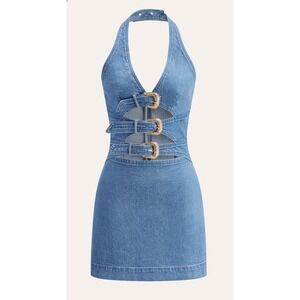 Denim Halter Mini Dress‎ Gold Buckle Cutout Bodycon Summer Party XL